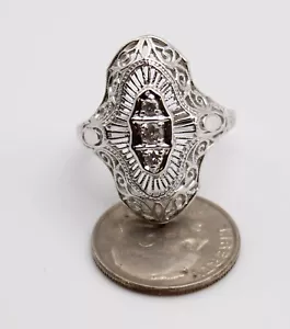Diamond 3 Stone Ornate Filigree 10k WG White Gold Estate Ring Sz 5 4.1g N0075 - Picture 1 of 7