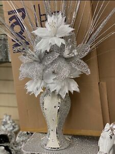 WHITE SILVER VASE WITH FLOWERS MOSAIC CRUSHED CRYSTAL ROMANY BLING 30cms