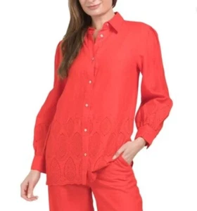 NWT $285 ELIE TAHARI Poppy Red 100% Linen Eyelet Puff Long Sleeve Tunic Shirt S - Picture 1 of 3