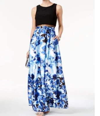 Betsy & Adam Women’s Black Solid & Floral Print Illusion Gown Size 2 Petite New - Image 1 of 4