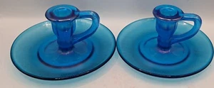 Antique Northwood Iridescent Blue Stretch Glass Chamberstick Candlestick Holders - Picture 1 of 12