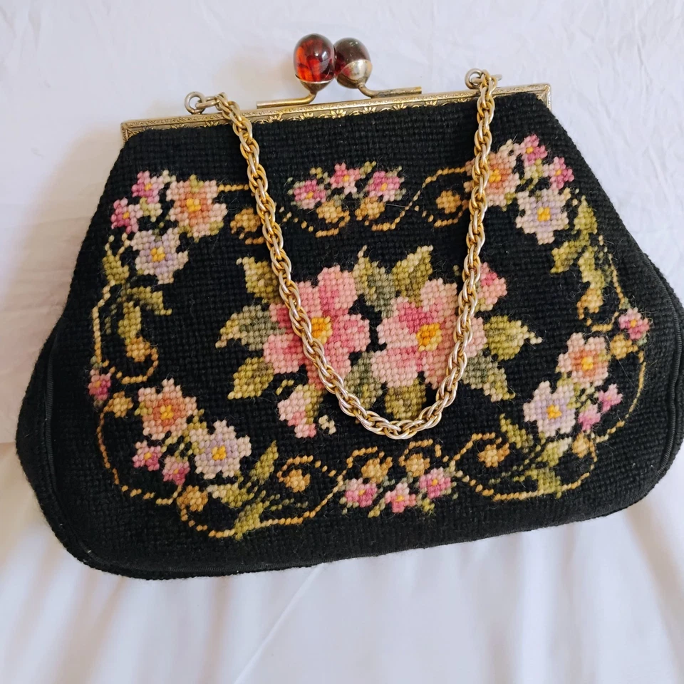 Vintage 50s Floral Crosstitch Purse Amber Kisslock Chain Strap Handbag Sandpiper - Image 1 of 4