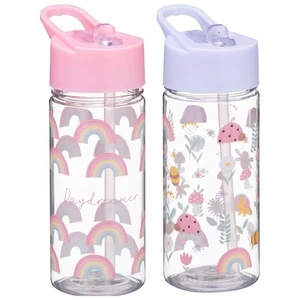 2 Stück Kinder Trinkflasche mit aufklappbarer Strohhalmflasche mit Griff - Rosa/Flieder - Bild 1 von 8