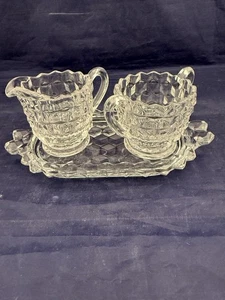 Fostoria AMERICAN Clear Mini Open Sugar Bowl, Creamer, & Tray Set - Imagen 1 de 4