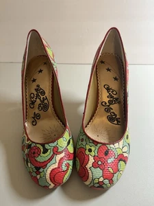 Naughty Monkey Shoes High Heels Blue Red Floral Mod Retro Pin Up 90s Y2K Size 8 - Picture 1 of 10