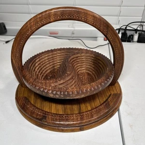 Artisan Hand Carved Himalayan Rosewood Yin Yang Paisley Basket 12" - Picture 1 of 4