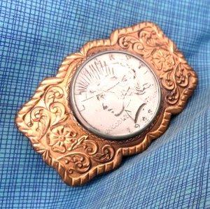 1923 Peace Dollar Belt Buckle Western Copper & Nickel Silver Vtg Bell .Bowman#17 - Picture 1 of 13