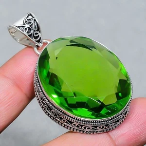 Faceted Peridot Oval Shape Gemstone Handmade Gift Vintage Jewelry Pendant 2.30" - Picture 1 of 9