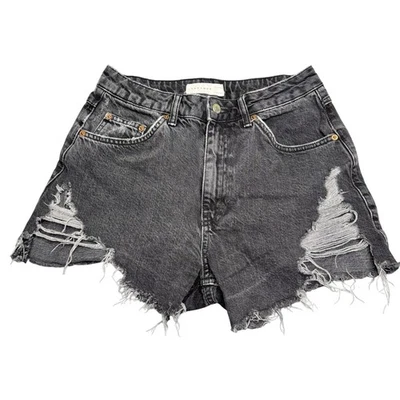 Pantalones Cortos Denim Topshop Talla 6 100% Algodón Desgastados Dobladillo Deshilachado Cintura Alta Negros Foto 1 de 4
