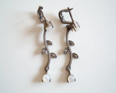 Ohrringe 925 Silber Perlmutt Markasiten Blume Blatt 5,7 g/4,2 x 0,9 cm - Bild 1 von 4