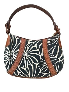 FOSSIL Black Cream Print Linen Canvas Leather Strap Hobo Shoulder Bag - Picture 1 of 7