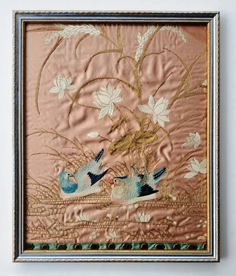 Stunning Antique Silk on Silk Embroidered American Folk Art Panel Adirondacks - Image 1 of 4