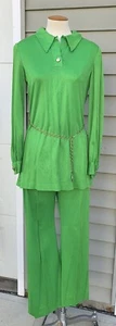 Vintage 60s size Small Medium Mini Mod Go Go Lime Green Top Bell Pants - Picture 1 of 18