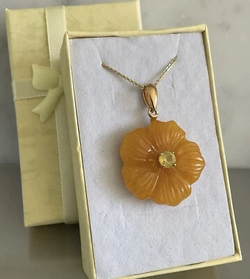 Yellow Jade & Sapphire Floral Pendant Necklace 925 Silver Vermeil YG Plated 20" - Image 1 of 4