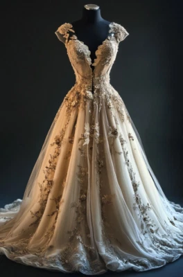 Light Champagne A Line Wedding Dresses Lace Appliques Deep V Neck Bridal Gowns - Image 1 of 4