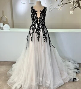 Gothik Brautkleid Hochzeitskleid Schwarz Spitze 32-60 Übergröße Knöpfe Träger - Bild 1 von 6