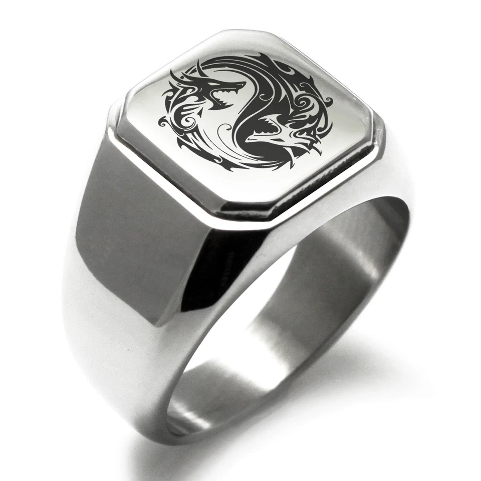 Stainless Steel Dragon Yin Yang Symbol Mens Square Biker Style Signet Ring - Image 1 of 1