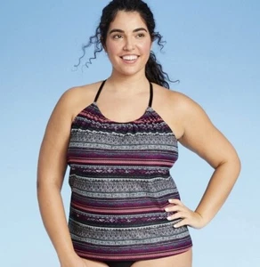 Women's Plus Size 14W 14 Kona Sol Tankini Swim Top Gray Pink Stripe Racerback - Picture 1 of 12