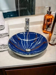 16,5" Blau Hartglas Muster Handgefertigte Waschtisch Schüssel Gefäß Über Theke Waschbecken - Bild 1 von 4