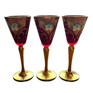 Vintage Bohemian Czech Ruby Gold Gilt Stems Cordial Glassed 5.5” (lof of 3) - Picture 1 of 5