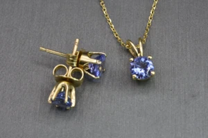 14K Gold 1.59ct Natural Tanzanite Prong Stud Earrings & Necklace Jewelry Set - Picture 1 of 6