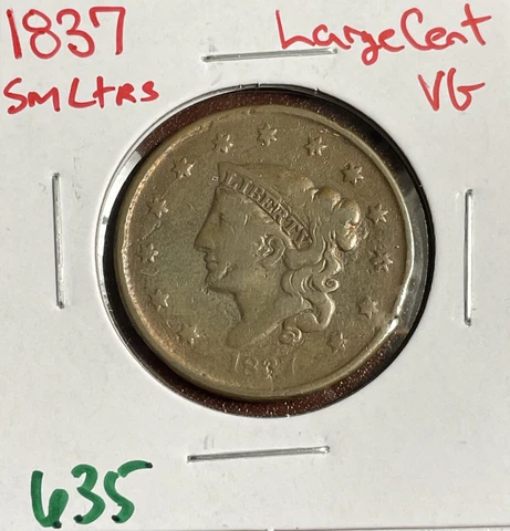 1837 Coronet Head Large Cent VG Very Good Small Letters Cover