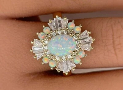 3Ct Oval Cut Fire Opal Diamond Cluster Engagement Ring 14K Yellow Gold Finish - Image 1 of 3