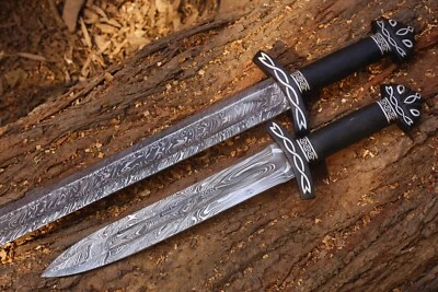 Handmade Forged Viking Damascus steel pair sword 38" & Sword 17" - Image 1 of 4