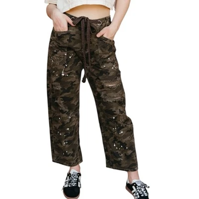 Pantalones recortados de pierna ancha camuflados OH JEANS talla M pintura envejecida salpicaduras ropa de calle Foto 1 de 4