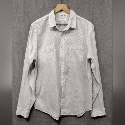 Express Linen Cotton Polka Dot Button Shirt Mens L White Black Office Casual - Image 1 of 4
