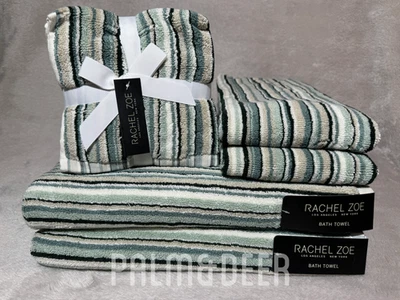 RACHEL ZOE ~ 9 件套毛巾 ~ 绿色、蓝色、棕色和白色条纹阴影 ~ 全新! — 第 1/3 张图片