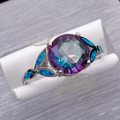 10mm Round Rainbow Mystic Topaz Blue Fire Opal Silver Jewelry Ring Size 7 8 9 10 - Image 1 of 4