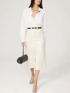 ALC Alden Vegan Leather Carpenter Skirt Ivory Midi Sz 8 Minimalist DAMAGED - Picture 1 of 14