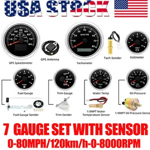 7 Gauge Set with Sensor 85mm GPS Speedometer 0-80MPH 120Km/H&Tachometer Gauge US - Picture 1 of 7