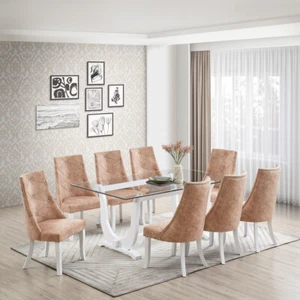 Elmer Set da Pranzo 9 Pezzi con Piano in Vetro, Tavolo e 8 Sedie, Bianco/Marrone Chiaro - Foto 1 di 5