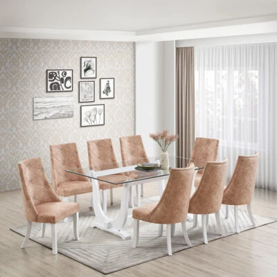 Elmer 9 Piece Glass Top Dining Set, Table & 8 Chairs, White/Light Brown - Image 1 of 4