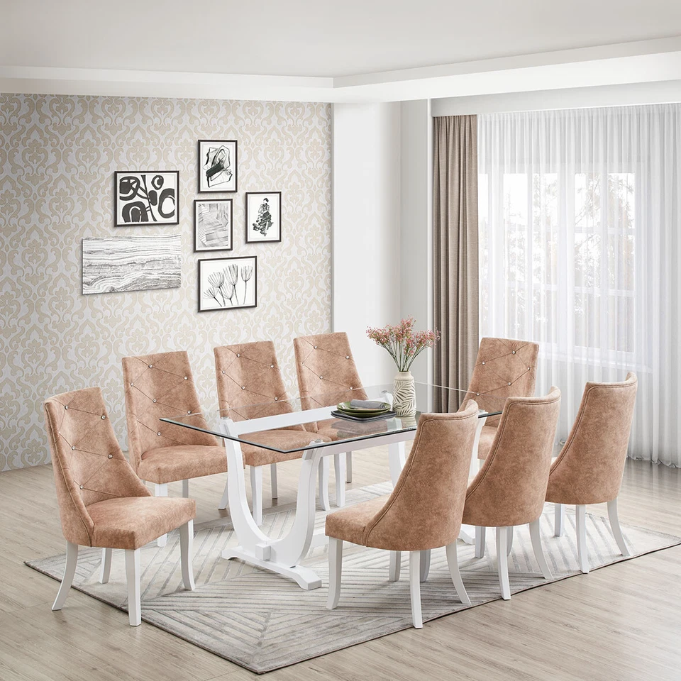 Elmer 9 Piece Glass Top Dining Set, Table & 8 Chairs, White/Light Brown - Image 1 of 4