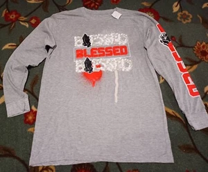 T-shirt uomo manica lunga Hustle grigio benedetto rosso nero grandi mani che pregano NUOVA - Foto 1 di 6