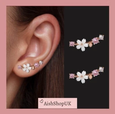 Silver & Pink Cherry Blossom Cubic Zirconia Earrings, Shell Flower Earrings Foto 1 de 4