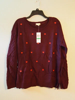 Maison Jules Sweater Womens Medium Burgundy Wine Red Embroidered Hearts Large - Image 1 of 4