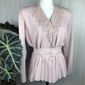 Vintage Blouse V-neck Lace Detail Long Sleeve Snap Front Belted Size 6 - Picture 1 of 11