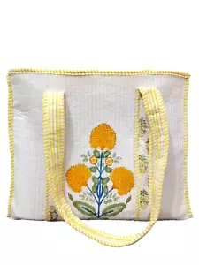 White Quilted Women Hand Block Printed Indian Cotton Shopping Carry Totebags. - Picture 1 of 3