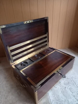 19th Century Rosewood & Brass Banded Writing Box Handles 4 Compartments Locking  - Image 1 of 4