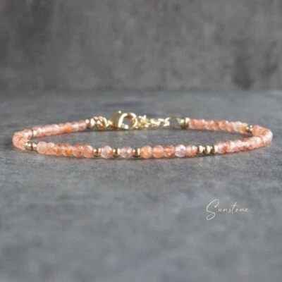 Pulseira Sunstone micro facetada redonda e minúscula folheada a ouro miçangas boa sorte 6-8" - Imagem 1 de 4
