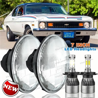 Pair Fit Chevrolet Nova 1969-79 7''Round LED Headlights DRL Halo Hi-Lo Beam - Image 1 of 4