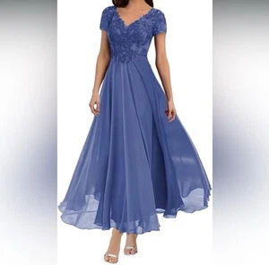 Vestido de madre de la novia o novio de gasa talla 10 mangas hasta el té encaje azul - Imagen 1 de 5