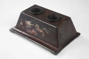 ANTIQUE CHINESE LACQUER WARE HAND PAINTED DRAGON PATTERN INKWELL - Picture 1 of 8