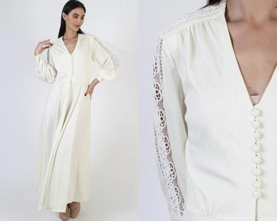 Vintage 70s Grecian Goddess Dress Plain Corchet Slv Disco Greek Roman Gown M - Image 1 of 4