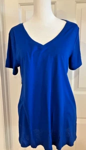 CITY STREETS-BLOUSE- L -DARK BLUE-POLY/RAYON-DEEP SIDE SLITS-BACK LONGER-S.S. - Picture 1 of 5
