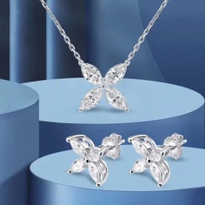 D VVS1 Moissanite Set Necklace Earrings Women Gift 925 Sterling Silver Chain GRA - Image 1 of 4